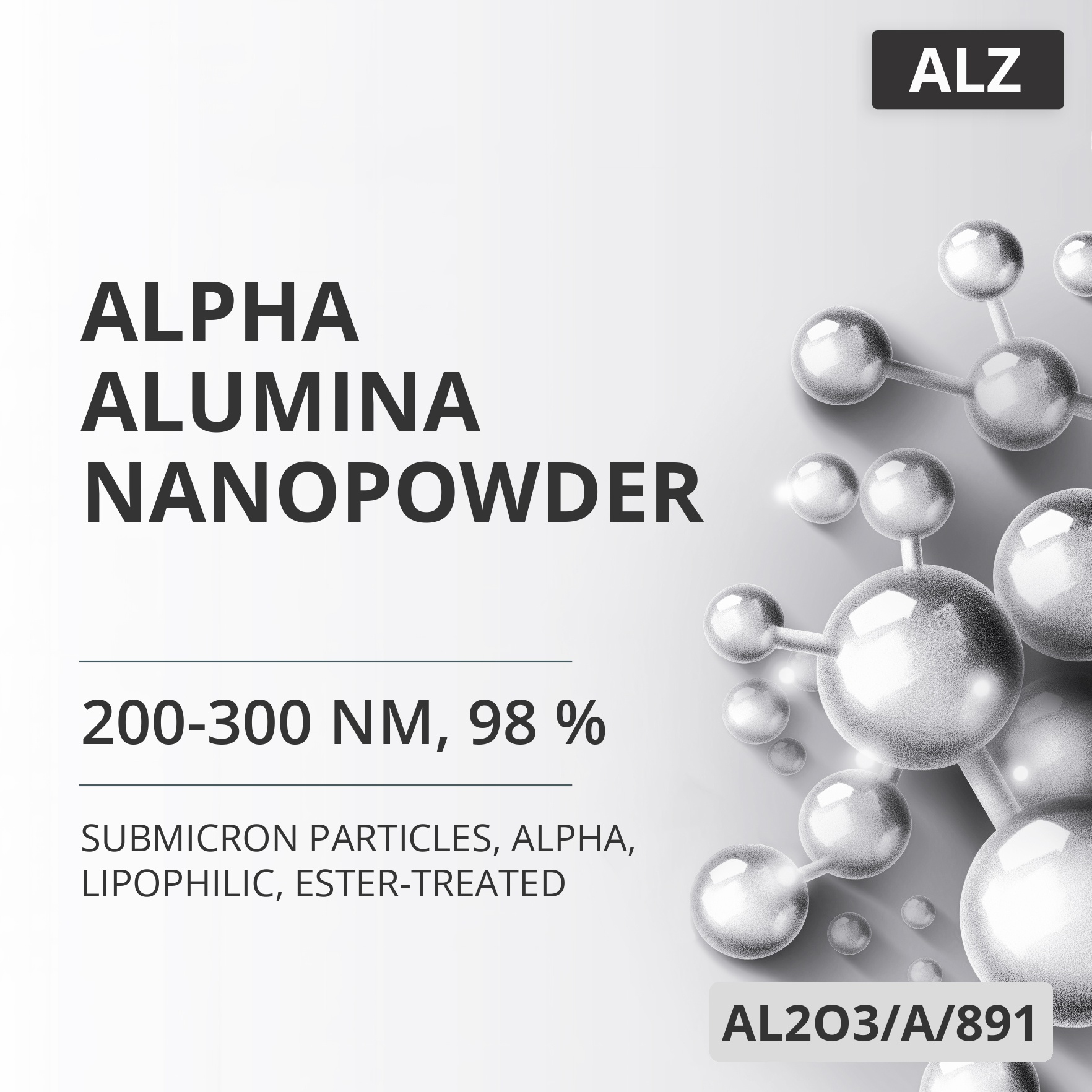 Alpha Alumina Nanopowder, 200-300 nm, 98 %, Alpha, Lipophilic, Ester-Treated (AL2O3/A/891)
