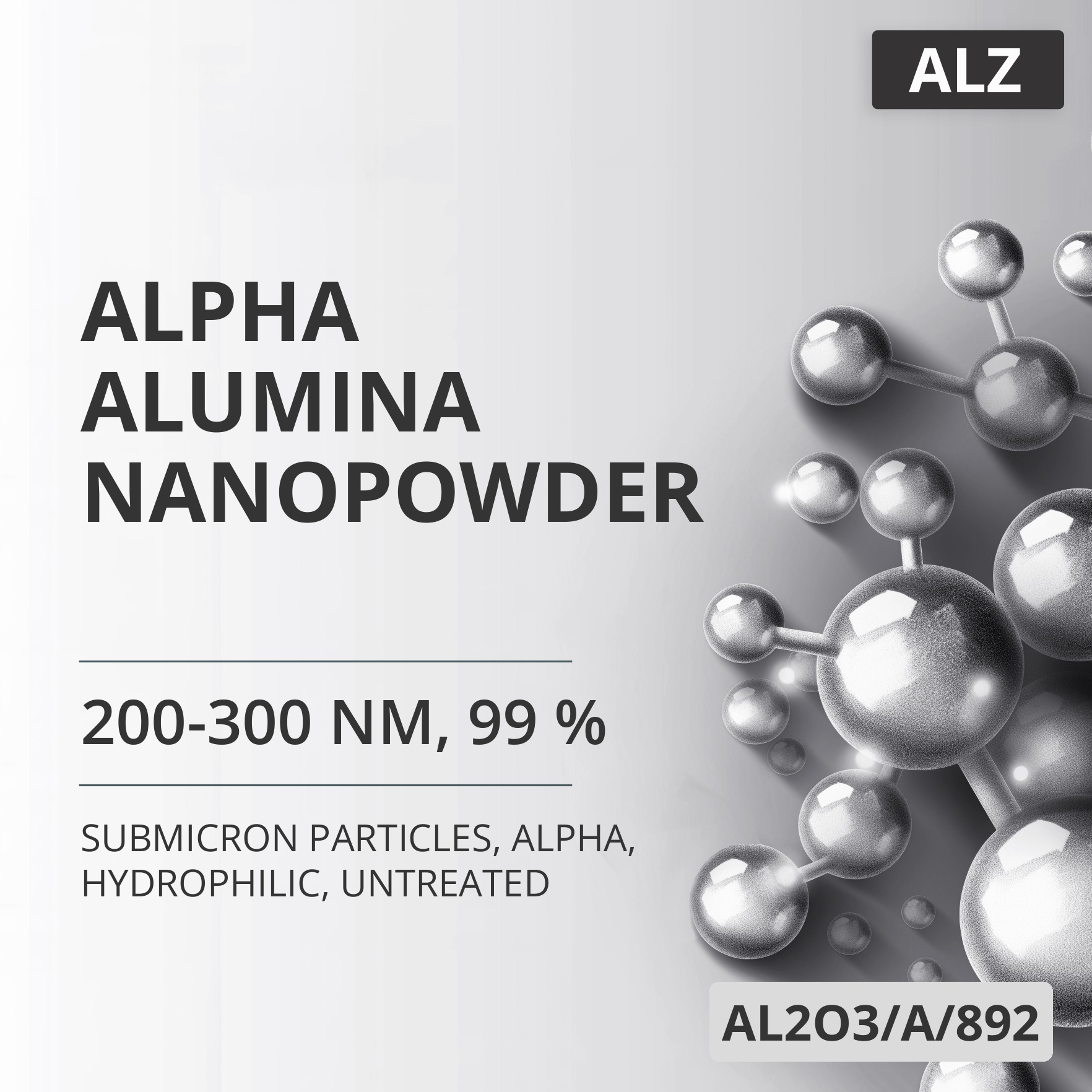 Alpha Alumina Nanopowder, 200-300 nm, 99 %, Alpha, Hydrophilic, Untreated (AL2O3/A/892)