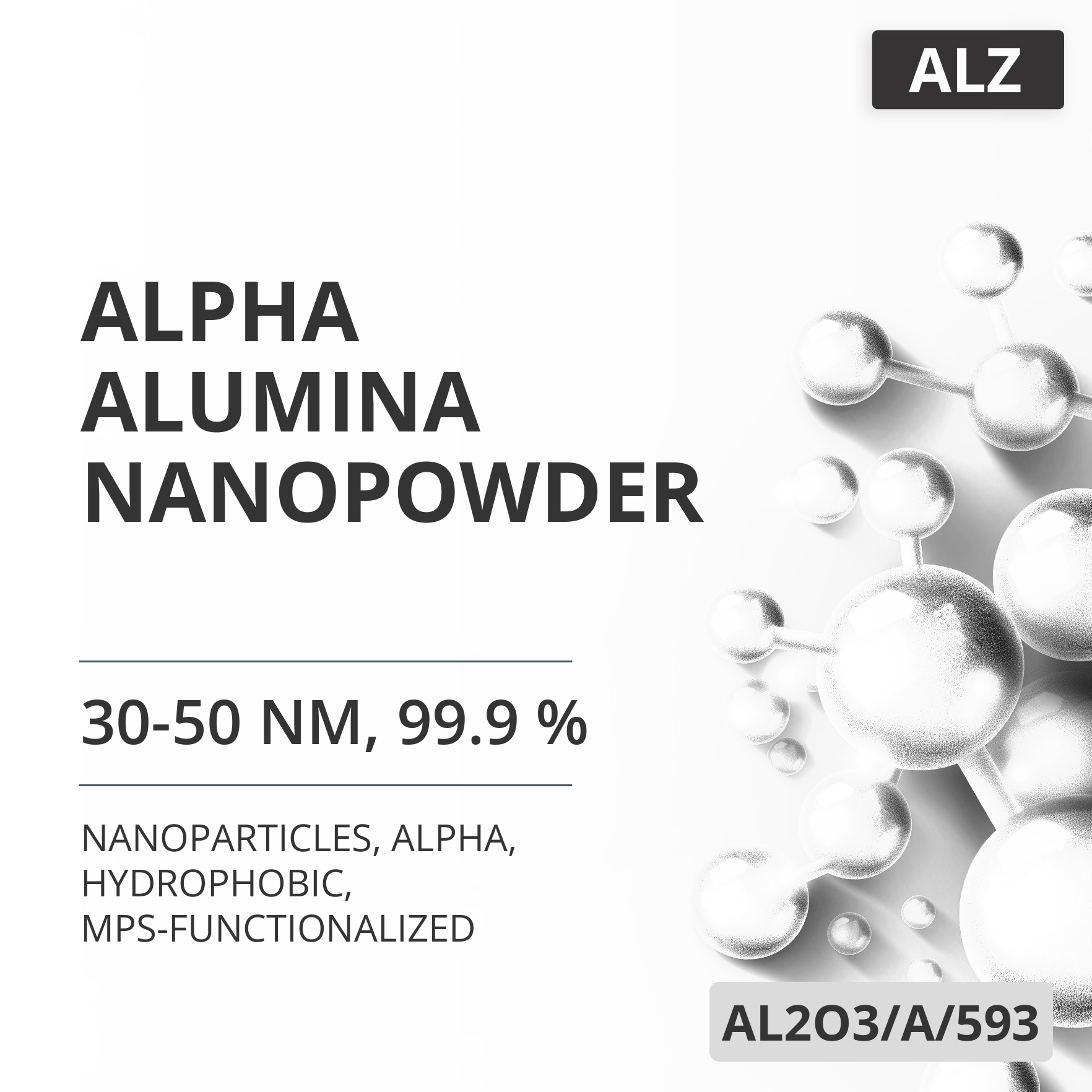 Alpha Alumina Nanopowder, 30-50 nm, 99.9 %, Alpha, Hydrophobic, MPS-Functionalized (AL2O3/A/593)