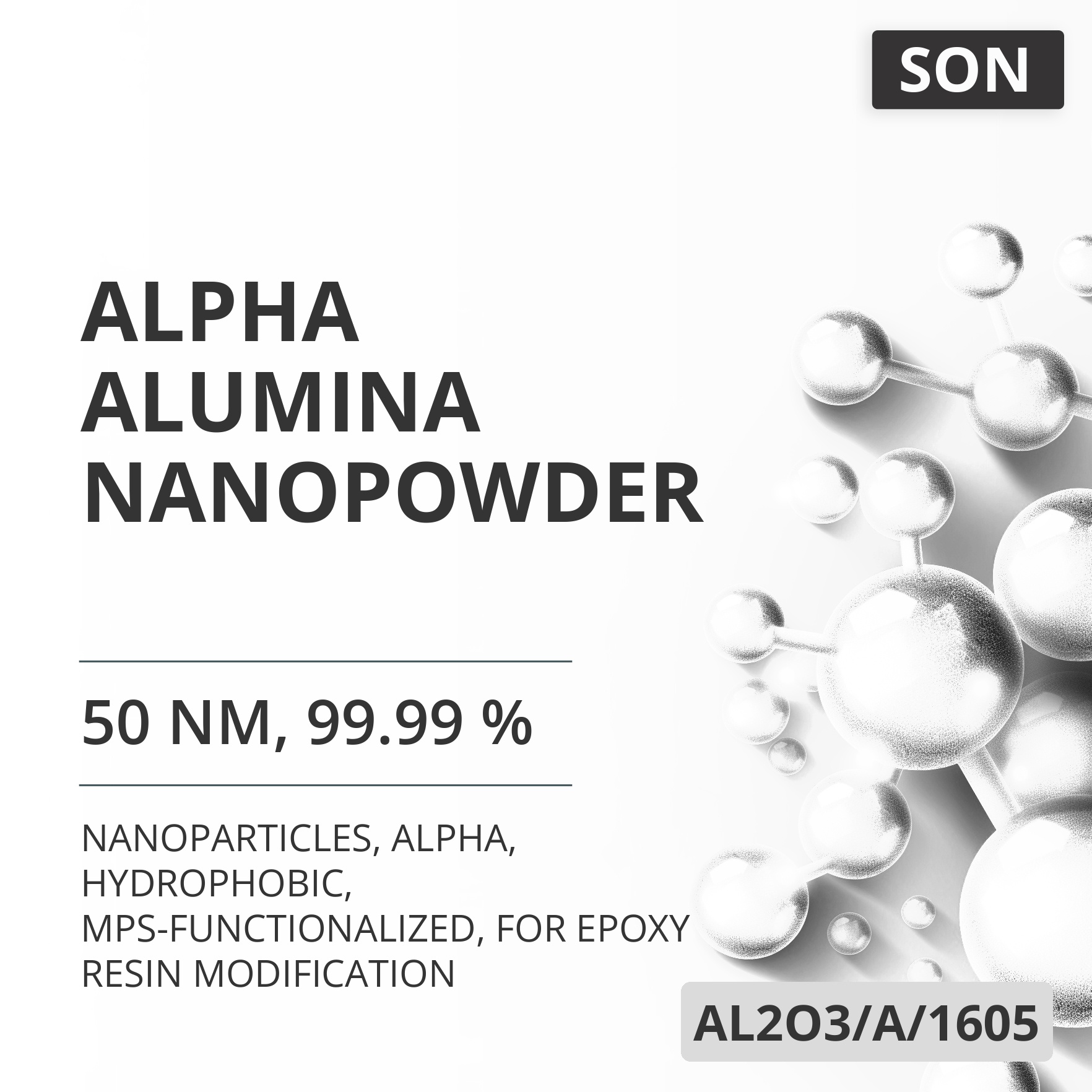 Alpha Alumina Nanopowder, 50 nm, 99.99 %, Alpha, Hydrophobic, MPS-Functionalized, for Epoxy Resin Modification (AL2O3/A/1605)