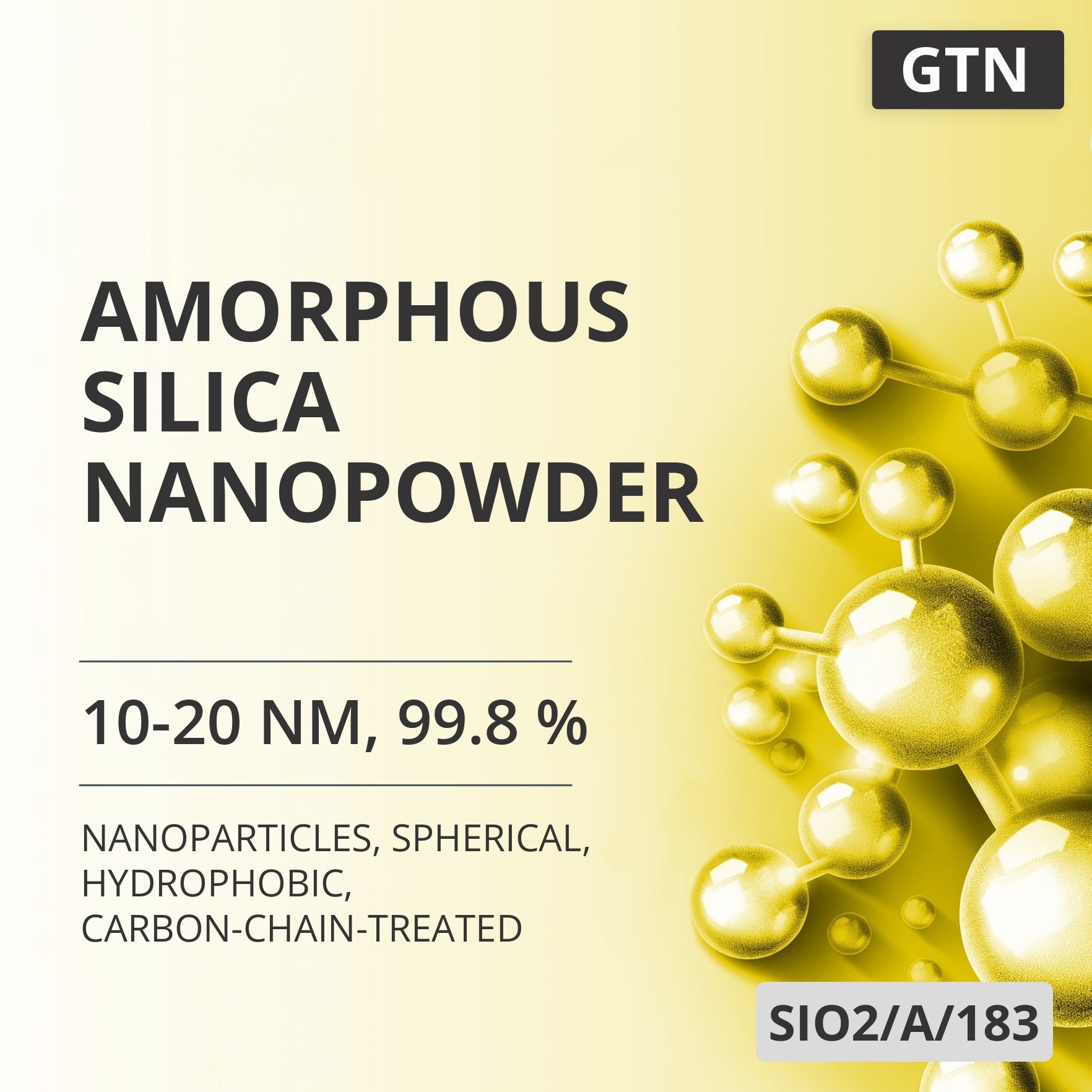 Amorphous Silica Nanopowder, 10-20 nm, 99.8 %, Spherical, Hydrophobic, Carbon-Chain-Treated (SIO2/A/183)