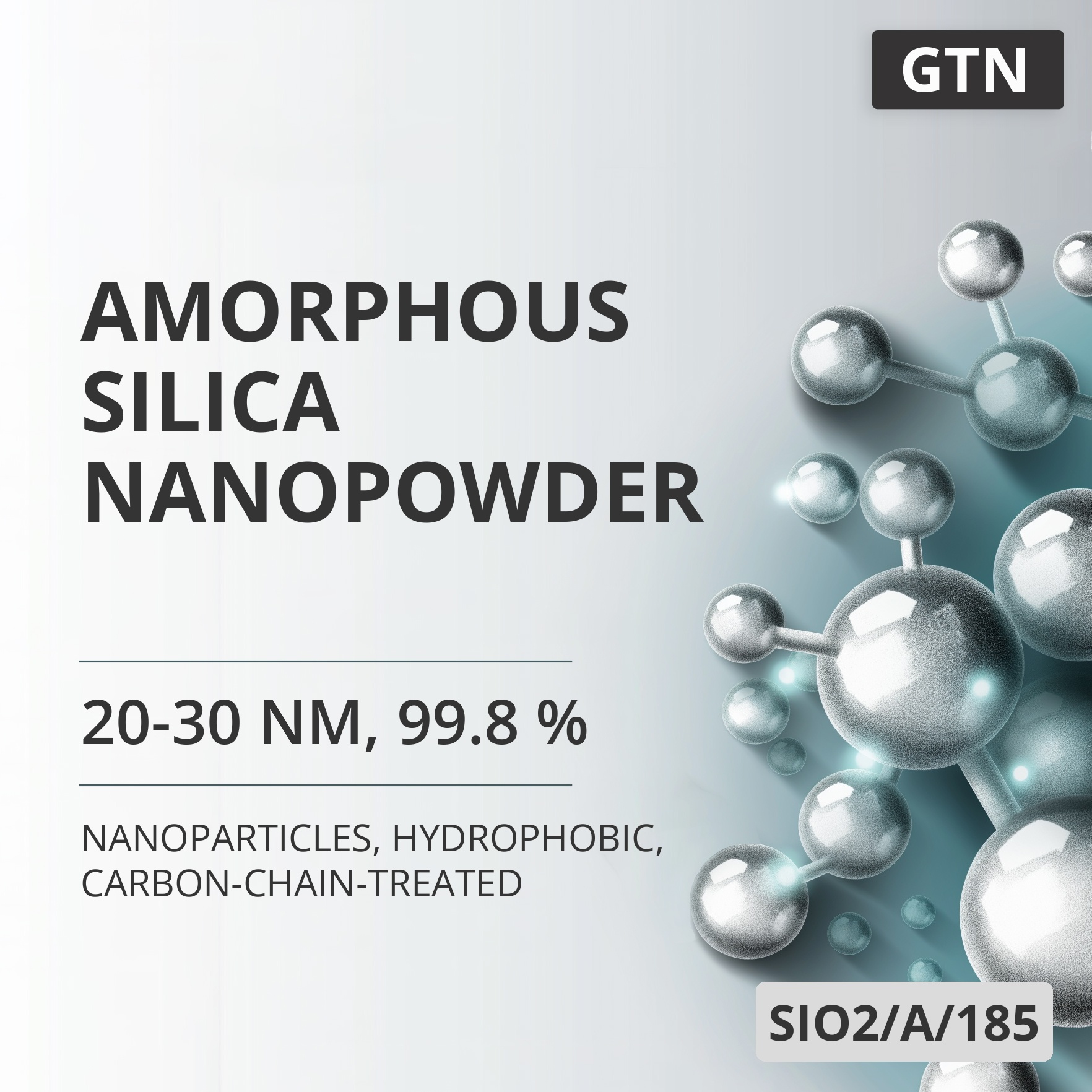 Amorphous Silica Nanopowder, 20-30 nm, 99.8 %, Hydrophobic, Carbon-Chain-Treated (SIO2/A/185)