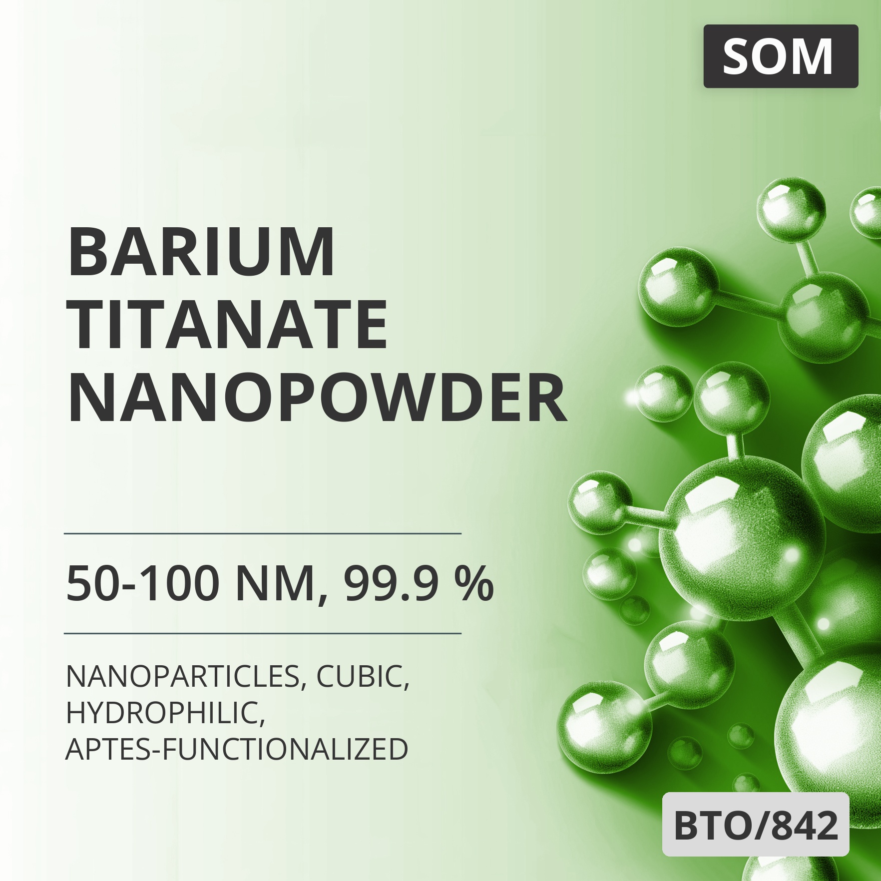 Barium Titanate Nanopowder, 50-100 nm, 99.9 %, Cubic, Hydrophilic, APTES-Functionalized (BTO/842)