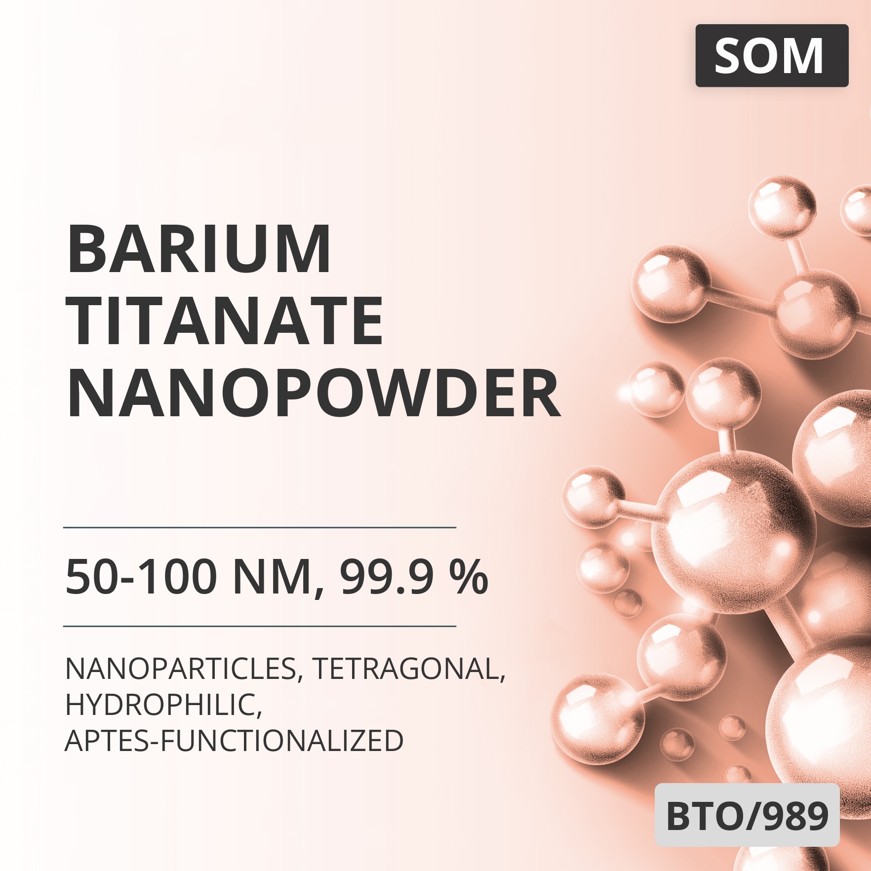 Barium Titanate Nanopowder, 50-100 nm, 99.9 %, Tetragonal, Hydrophilic, APTES-Functionalized (BTO/989)