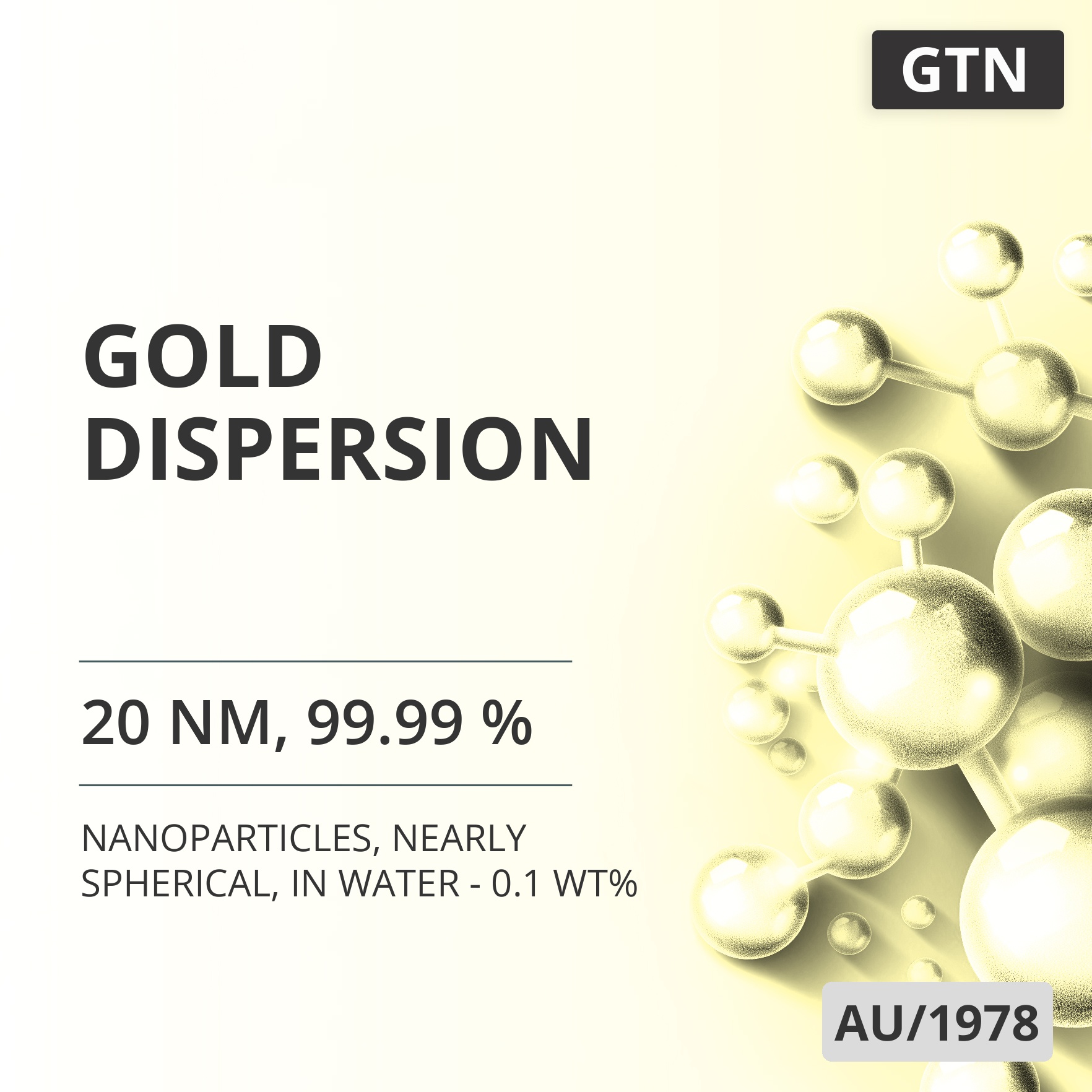 Gold Dispersion, 20 nm, 99.99 %, Nearly Spherical, in Water - 0.1 wt% (AU/1978)