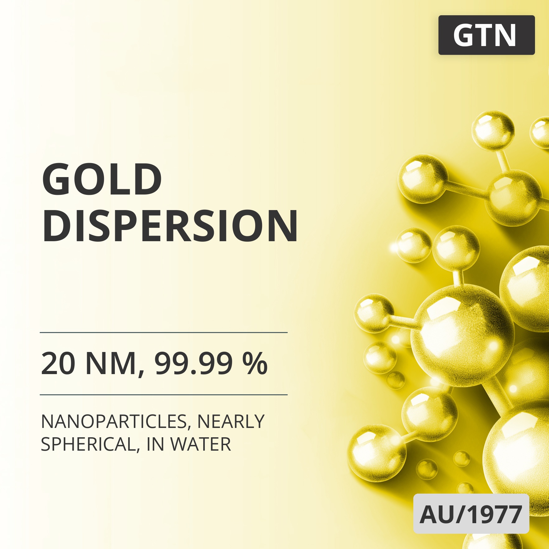 Gold Dispersion, 20 nm, 99.99 %, Nearly Spherical, in Water (AU/1977)