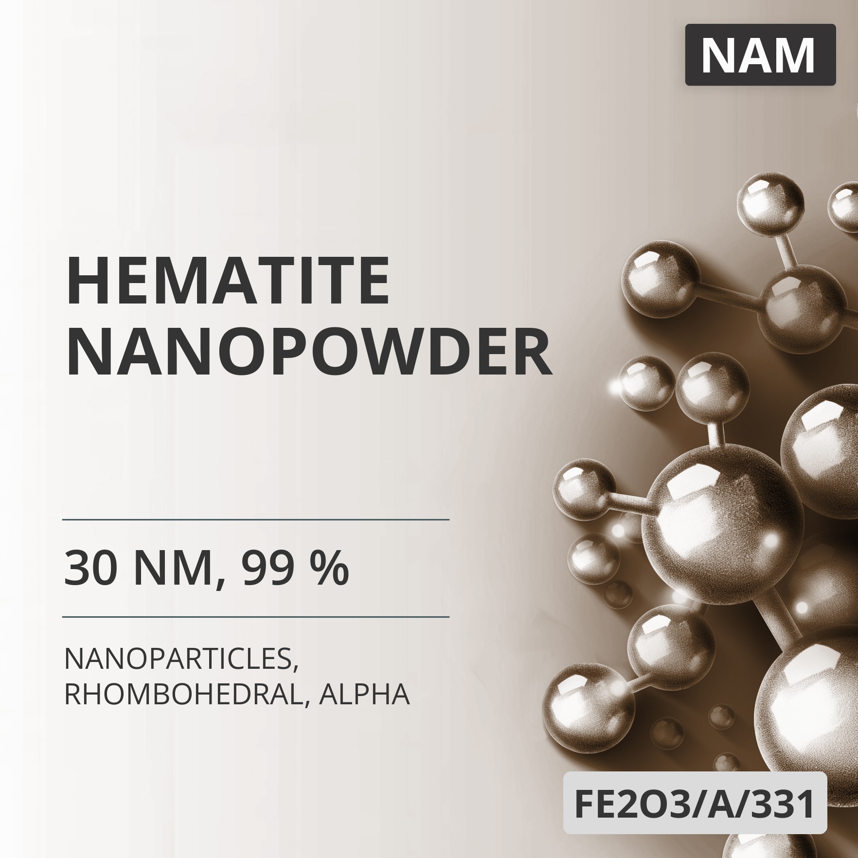 Hematite Nanopowder, 30 nm, 99 %, Rhombohedral, Alpha (FE2O3/A/331)