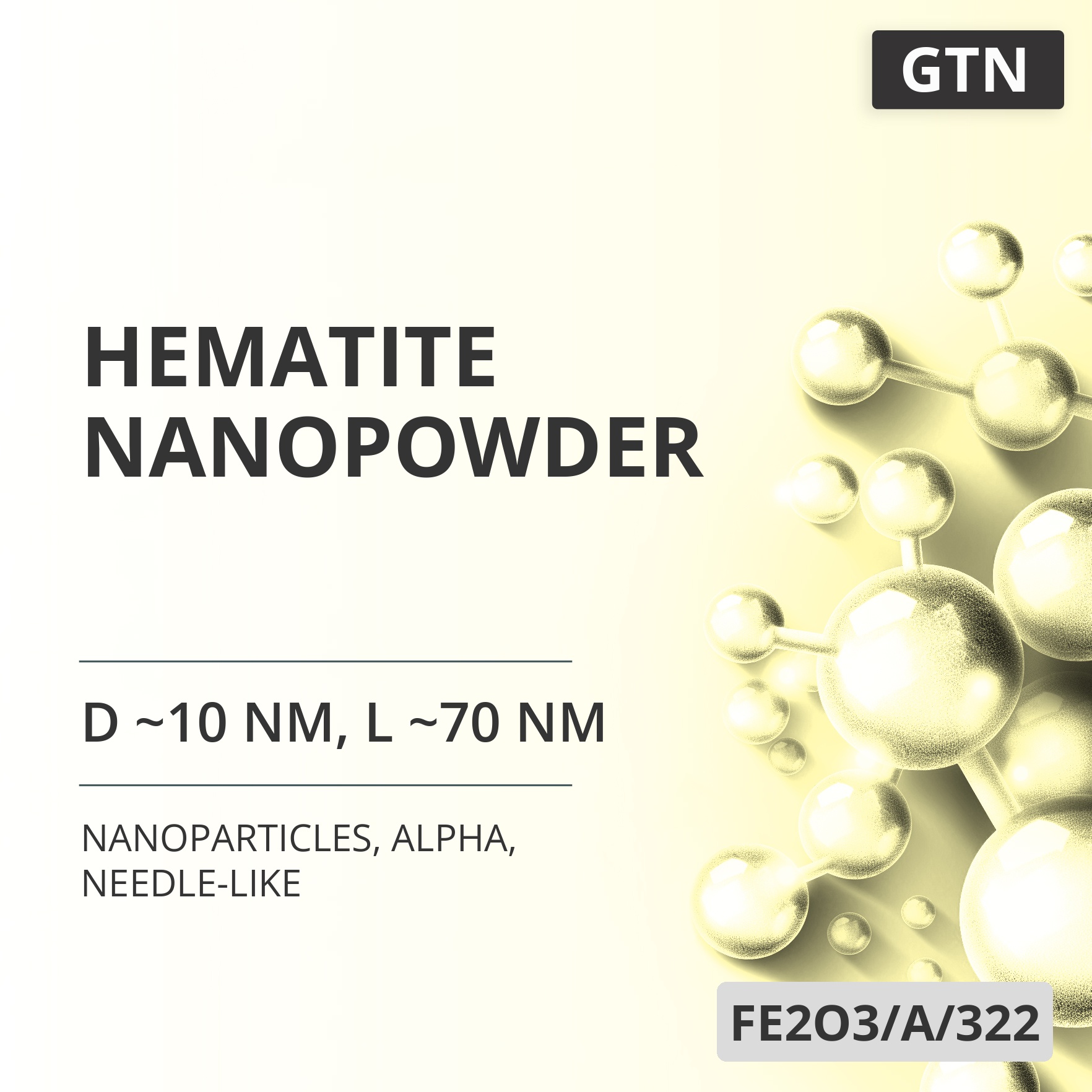 Hematite Nanopowder, D ~10 nm, L ~70 nm, 99.8 %, Alpha, Needle-Like (FE2O3/A/322)