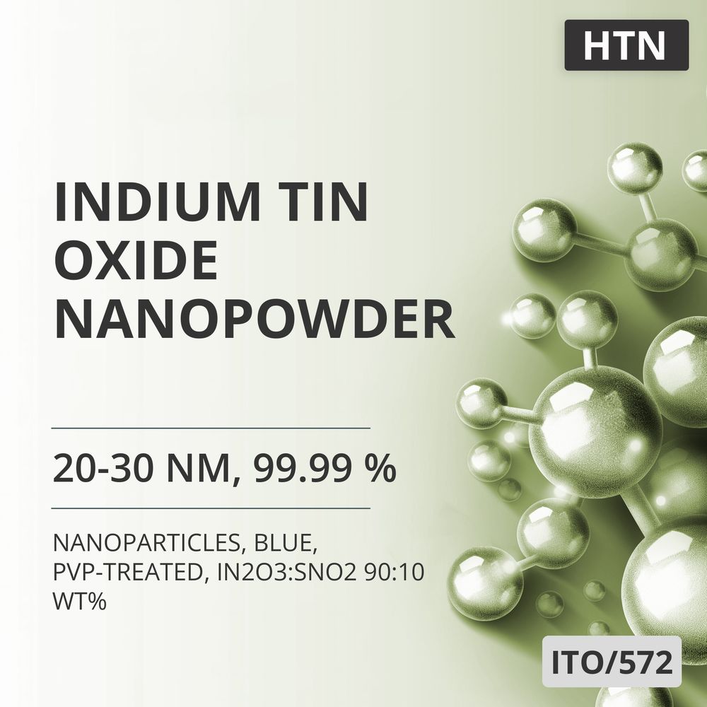 Indium Tin Oxide Nanopowder, 20-30 nm, 99.99 %, Blue, PVP-Treated, In2O3:SnO2 90:10 wt% (ITO/572)
