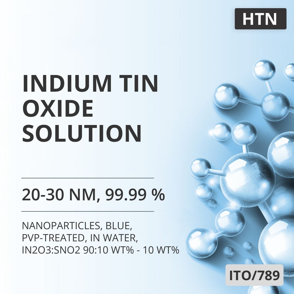 Indium Tin Oxide Solution, 20-30 nm, 99.99 %, Blue, PVP-Treated, in Water, In2O3:SnO2 90:10 wt% - 10 wt% (ITO/789)