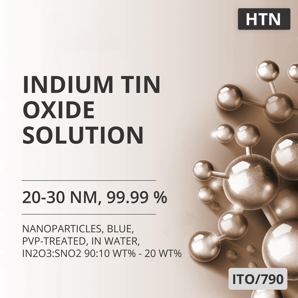 Indium Tin Oxide Solution, 20-30 nm, 99.99 %, Blue, PVP-Treated, in Water, In2O3:SnO2 90:10 wt% - 20 wt% (ITO/790)