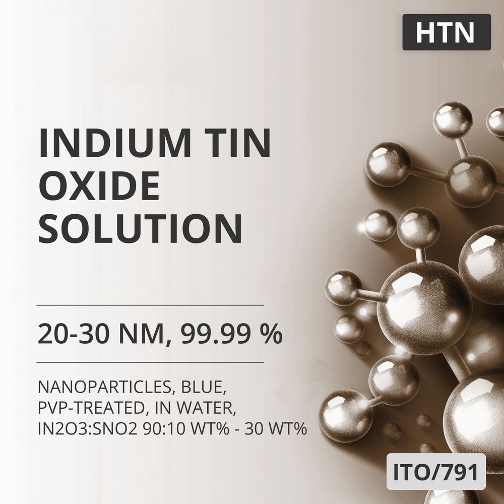 Indium Tin Oxide Solution, 20-30 nm, 99.99 %, Blue, PVP-Treated, in Water, In2O3:SnO2 90:10 wt% - 30 wt% (ITO/791)