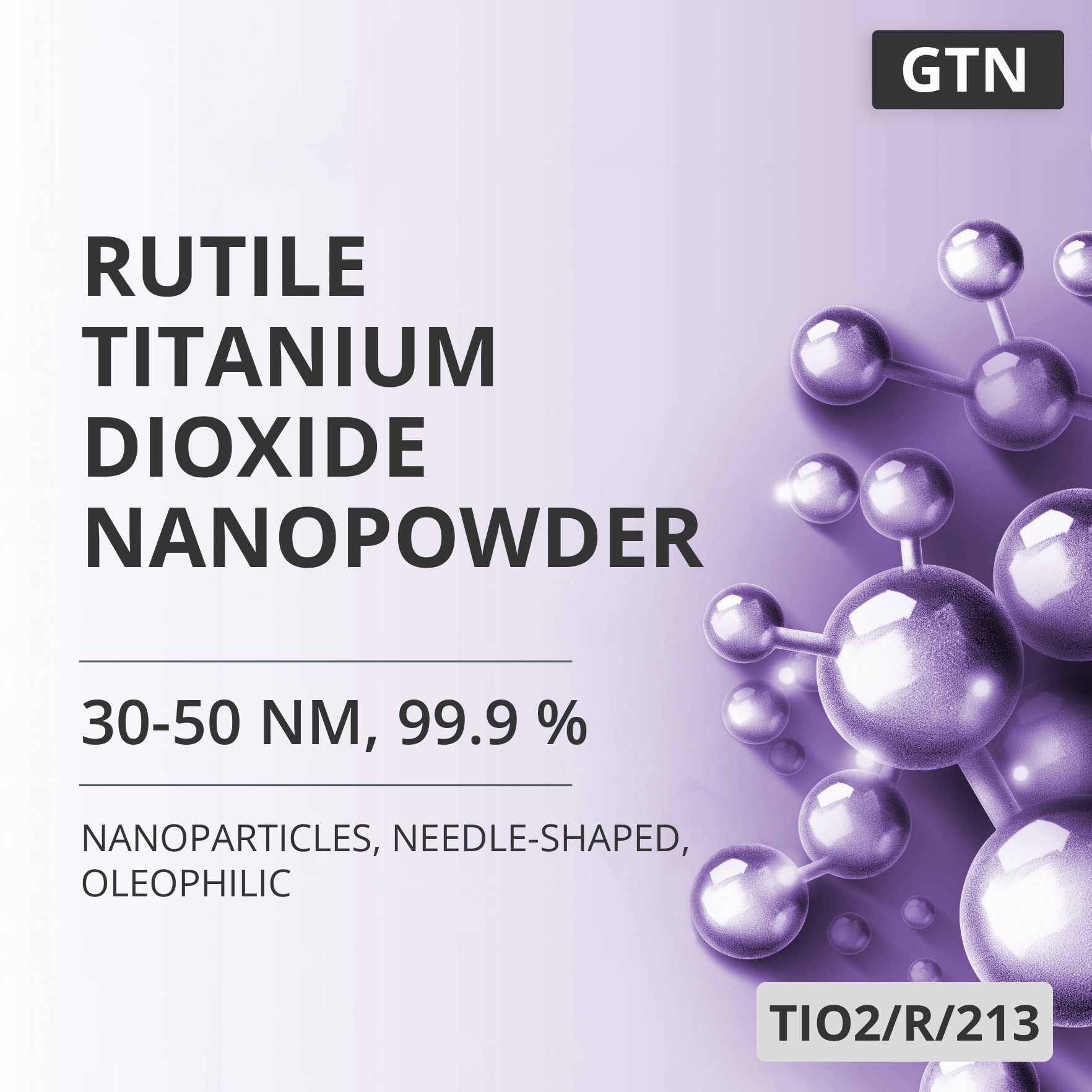 Rutile Titanium Dioxide Nanopowder, 30-50 nm, 99.9 %, Needle-Shaped, Oleophilic (TIO2/R/213)
