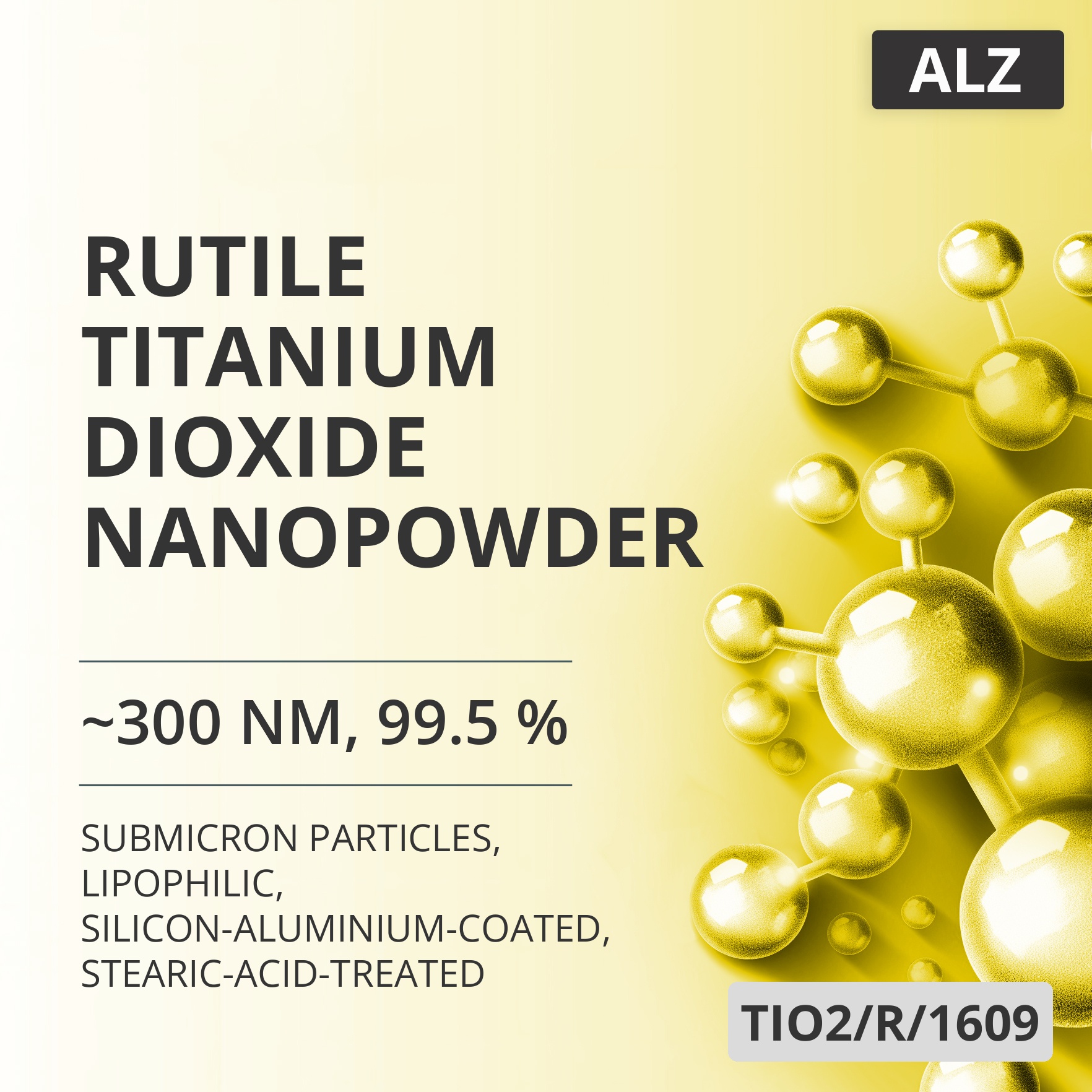 Rutile Titanium Dioxide Nanopowder, ~300 nm, 99.5 %, Lipophilic, Silicon-Aluminium-Coated, Stearic-Acid-Treated (TIO2/R/1609)