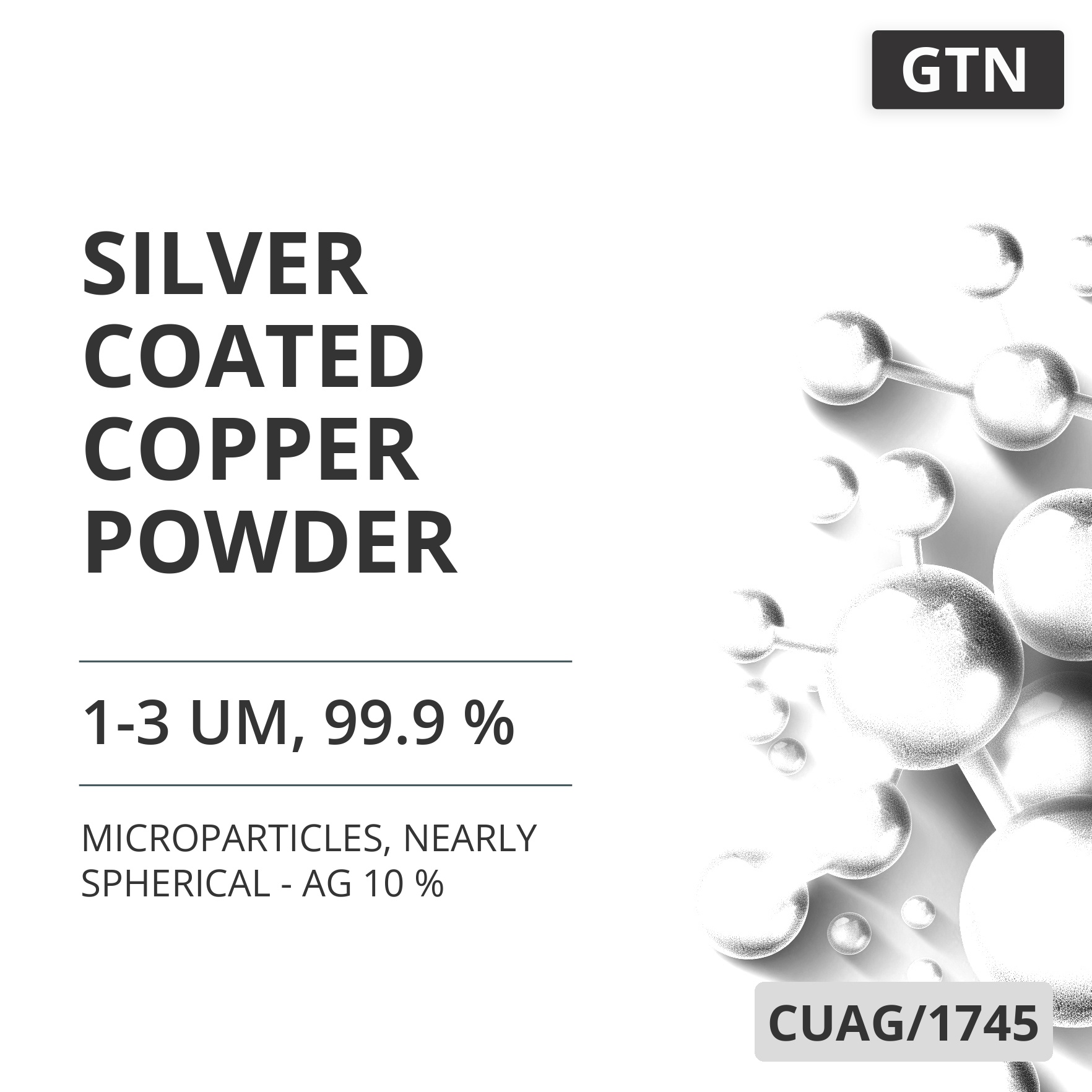 Silver-Coated Copper Powder, 1-3 um, 99.9 %, Nearly Spherical - Ag 10 % (CUAG/1745)