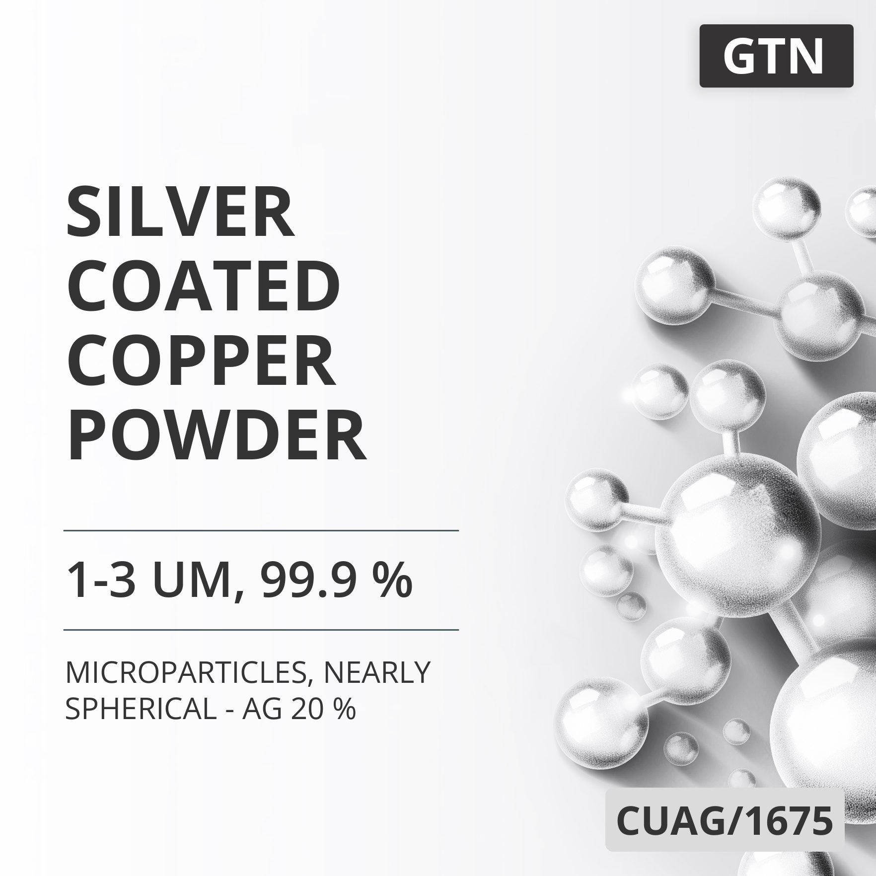 Silver-Coated Copper Powder, 1-3 um, 99.9 %, Nearly Spherical - Ag 20 % (CUAG/1675)