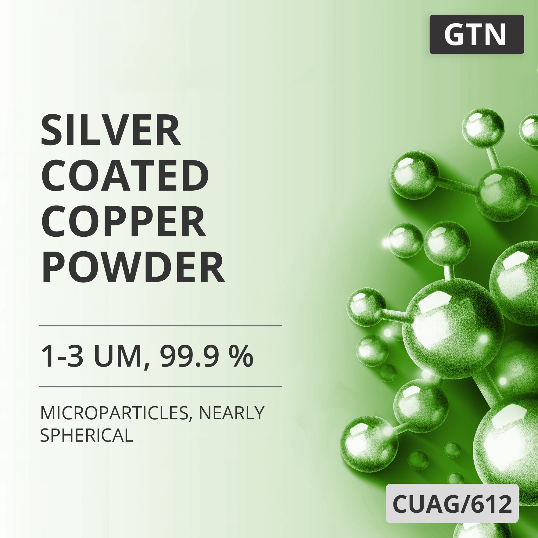 Silver-Coated Copper Powder, 1-3 um, 99.9 %, Nearly Spherical (CUAG/612)