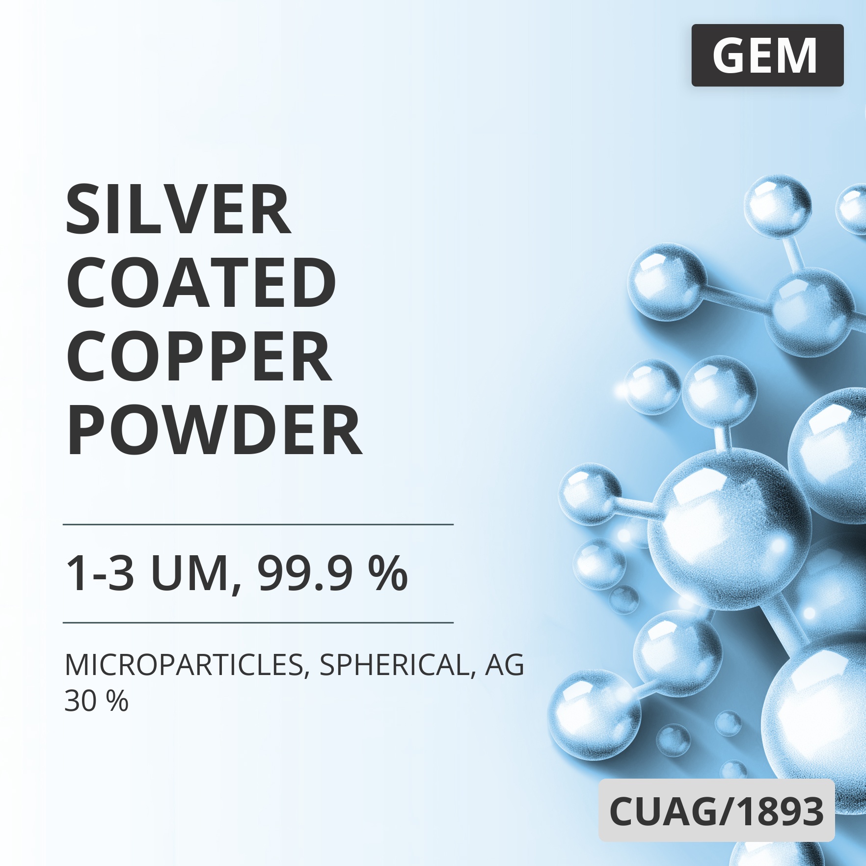 Silver-Coated Copper Powder, 1-3 um, 99.9 %, Spherical, Ag 30 % (CUAG/1893)