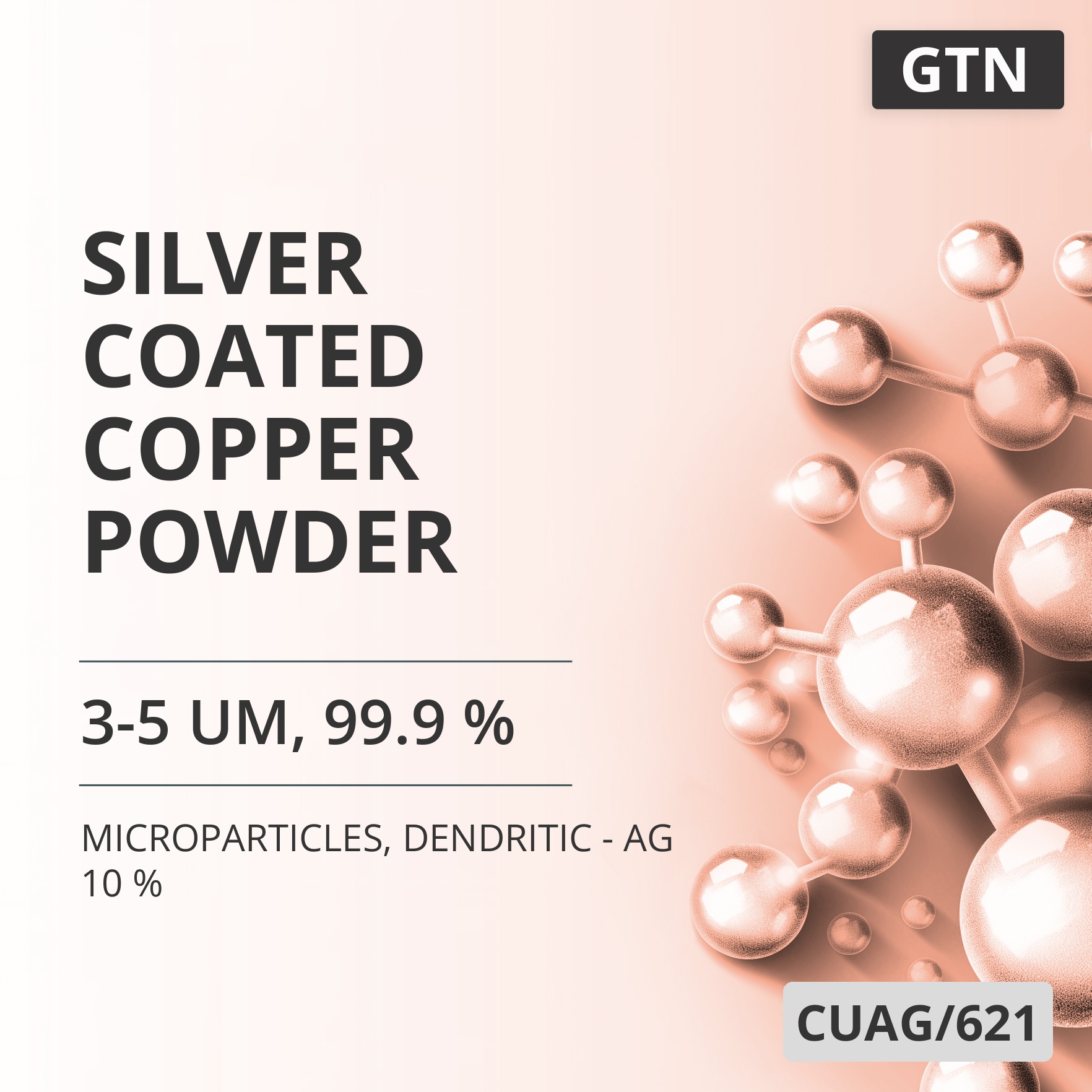 Silver-Coated Copper Powder, 3-5 um, 99.9 %, Dendritic - Ag 10 % (CUAG/621)