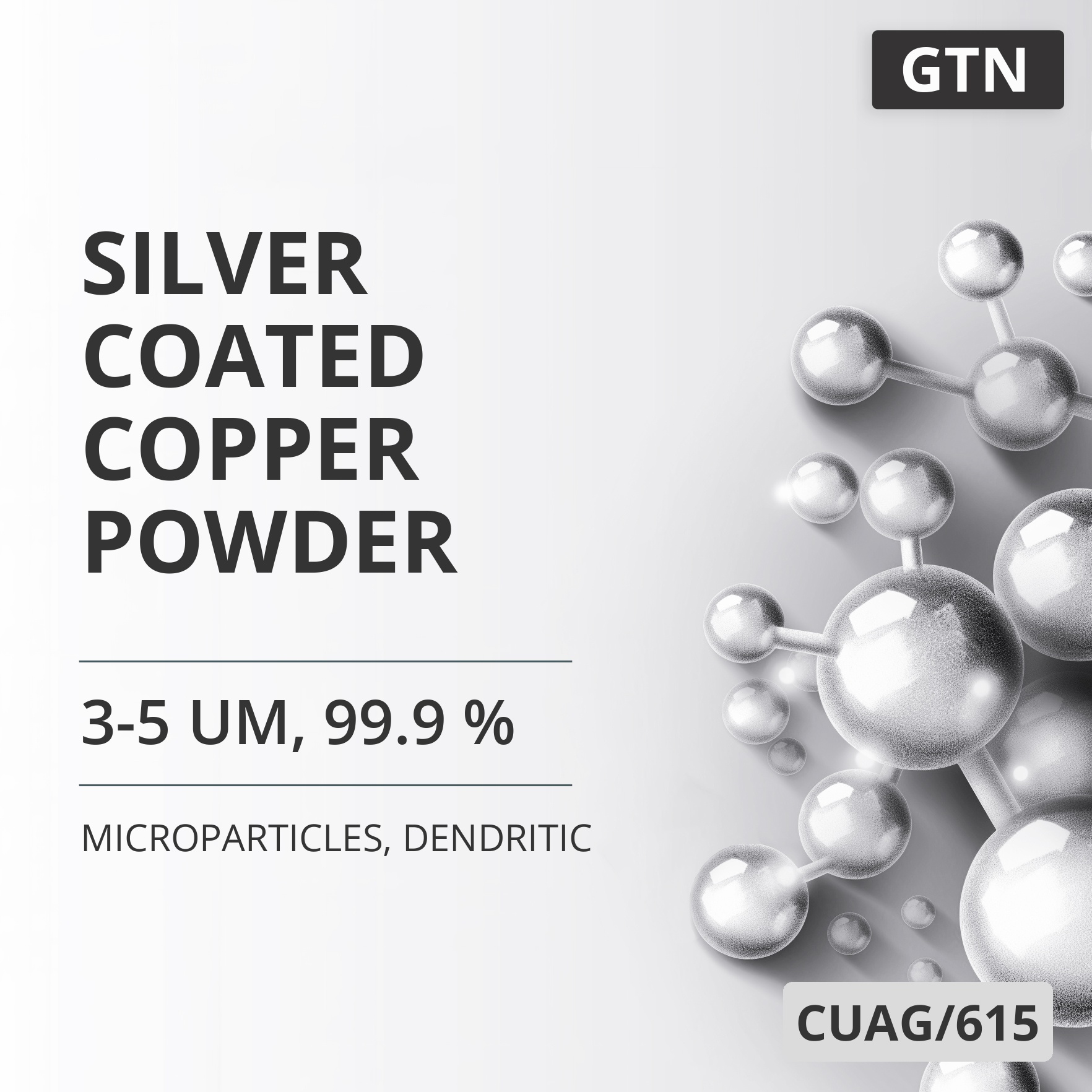 Silver-Coated Copper Powder, 3-5 um, 99.9 %, Dendritic (CUAG/615)