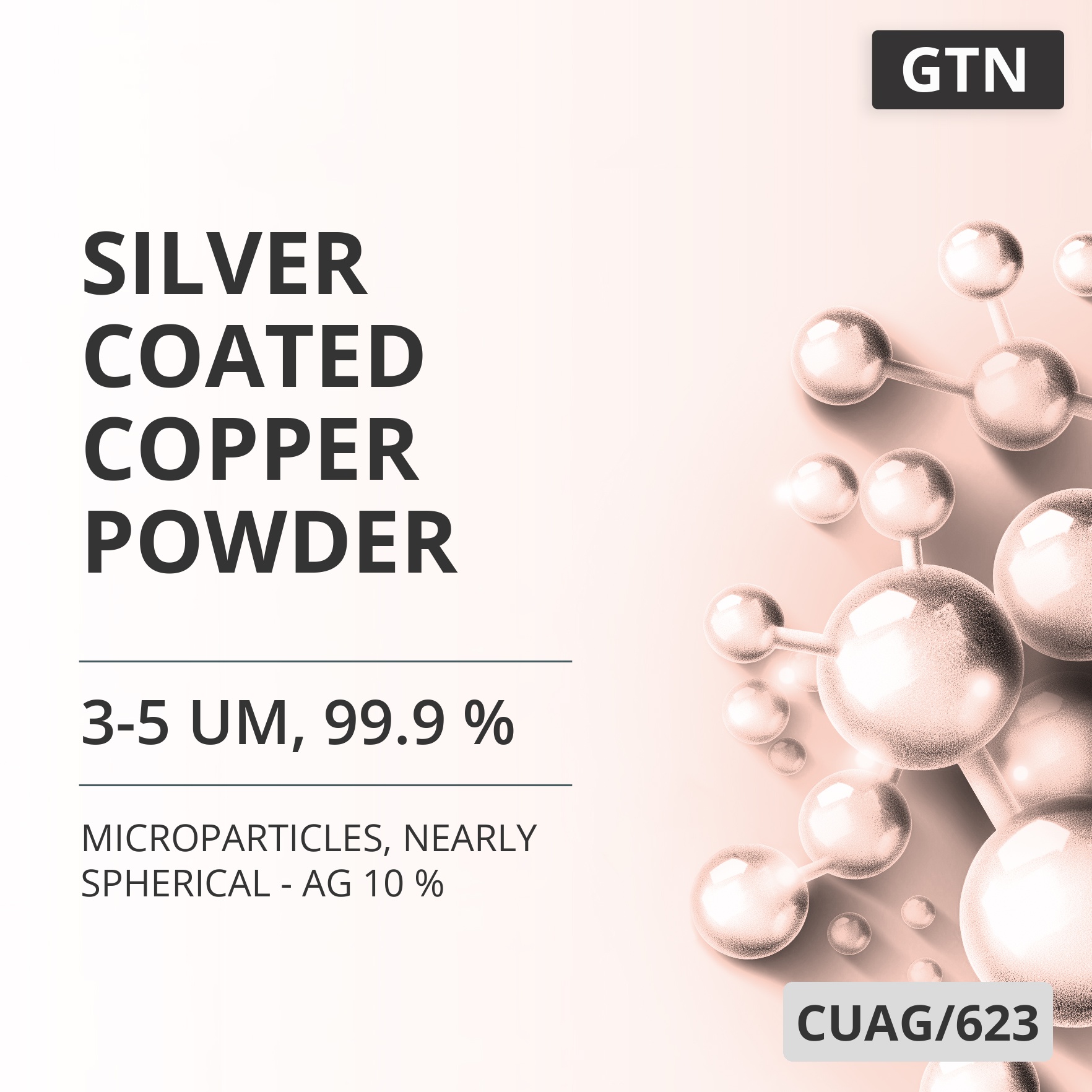Silver-Coated Copper Powder, 3-5 um, 99.9 %, Nearly Spherical - Ag 10 % (CUAG/623)