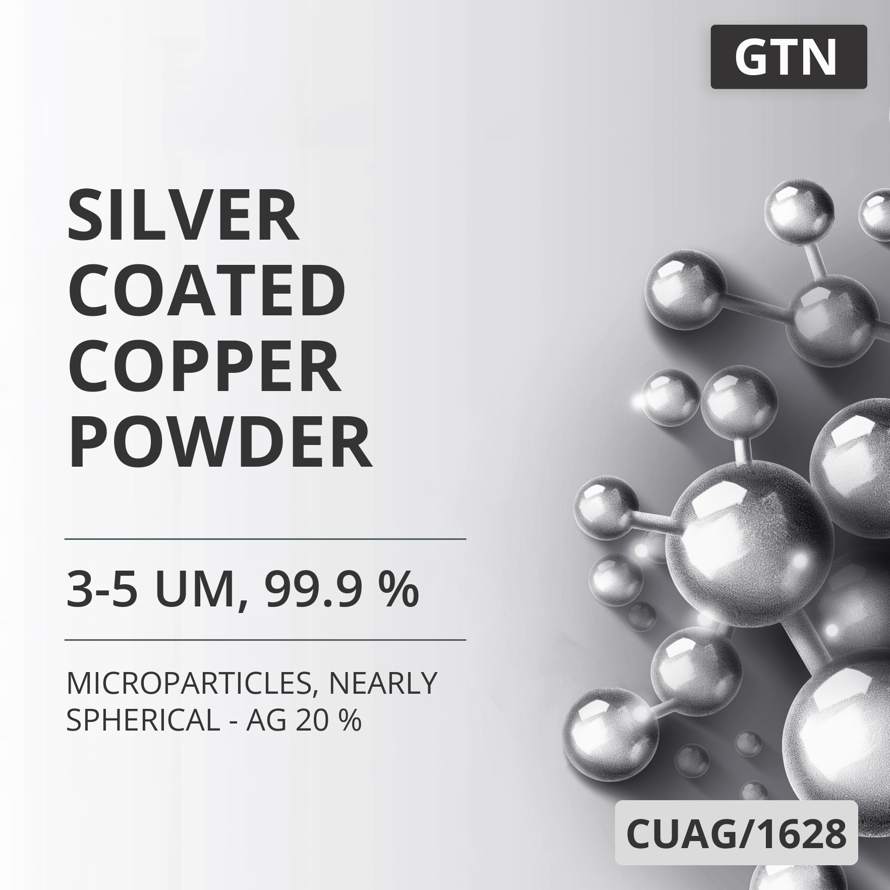 Silver-Coated Copper Powder, 3-5 um, 99.9 %, Nearly Spherical - Ag 20 % (CUAG/1628)