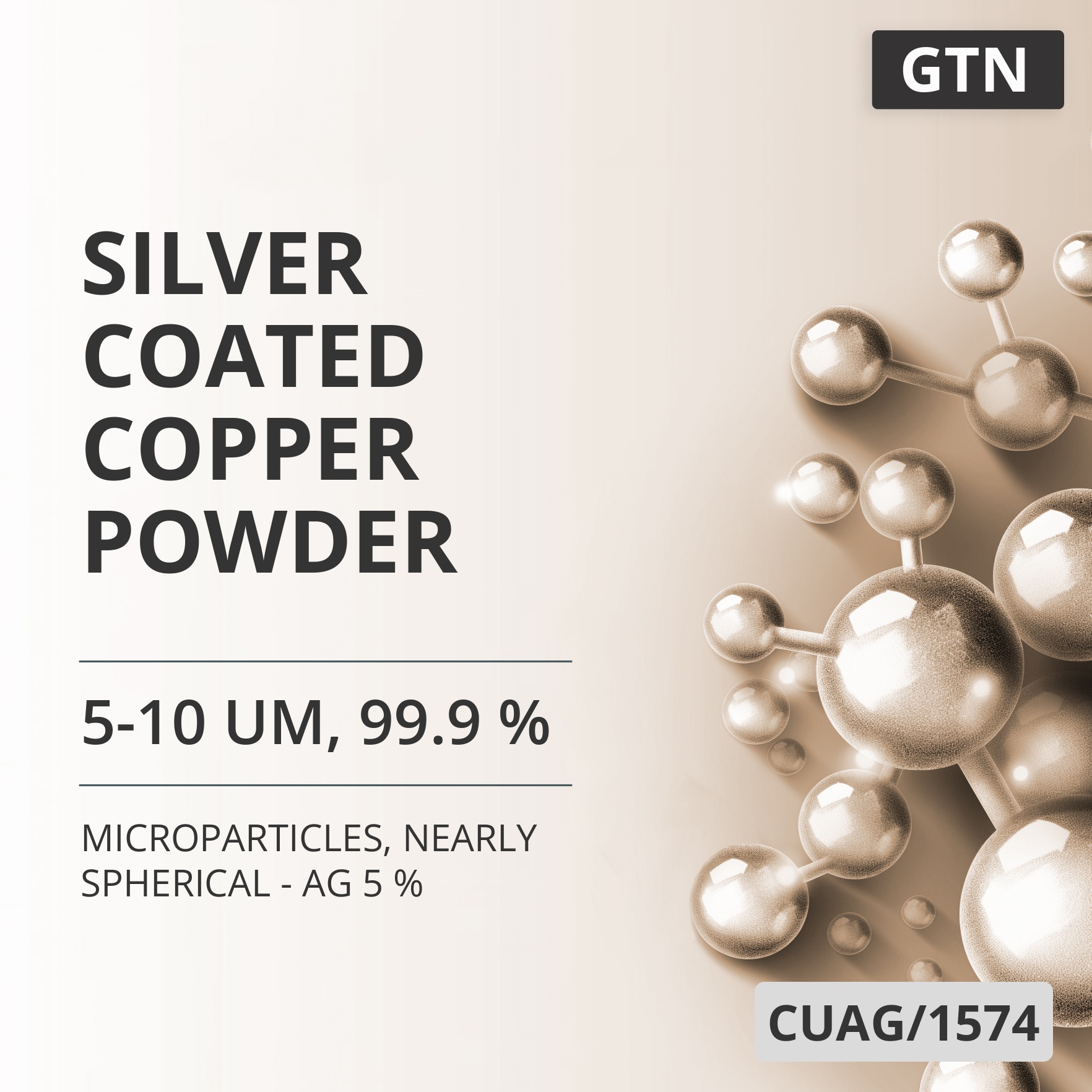 Silver-Coated Copper Powder, 5-10 um, 99.9 %, Nearly Spherical - Ag 5 % (CUAG/1574)