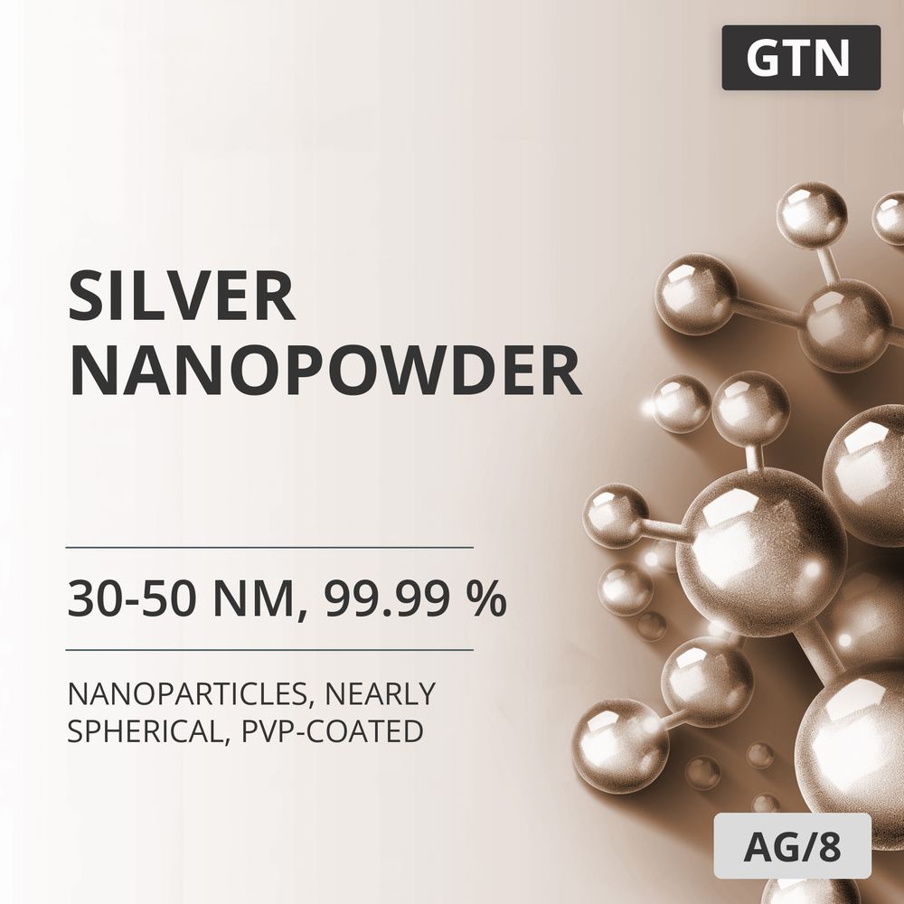 Silver Nanopowder, 30-50 nm, 99.99 %, Nearly Spherical, PVP-Coated (AG/8)
