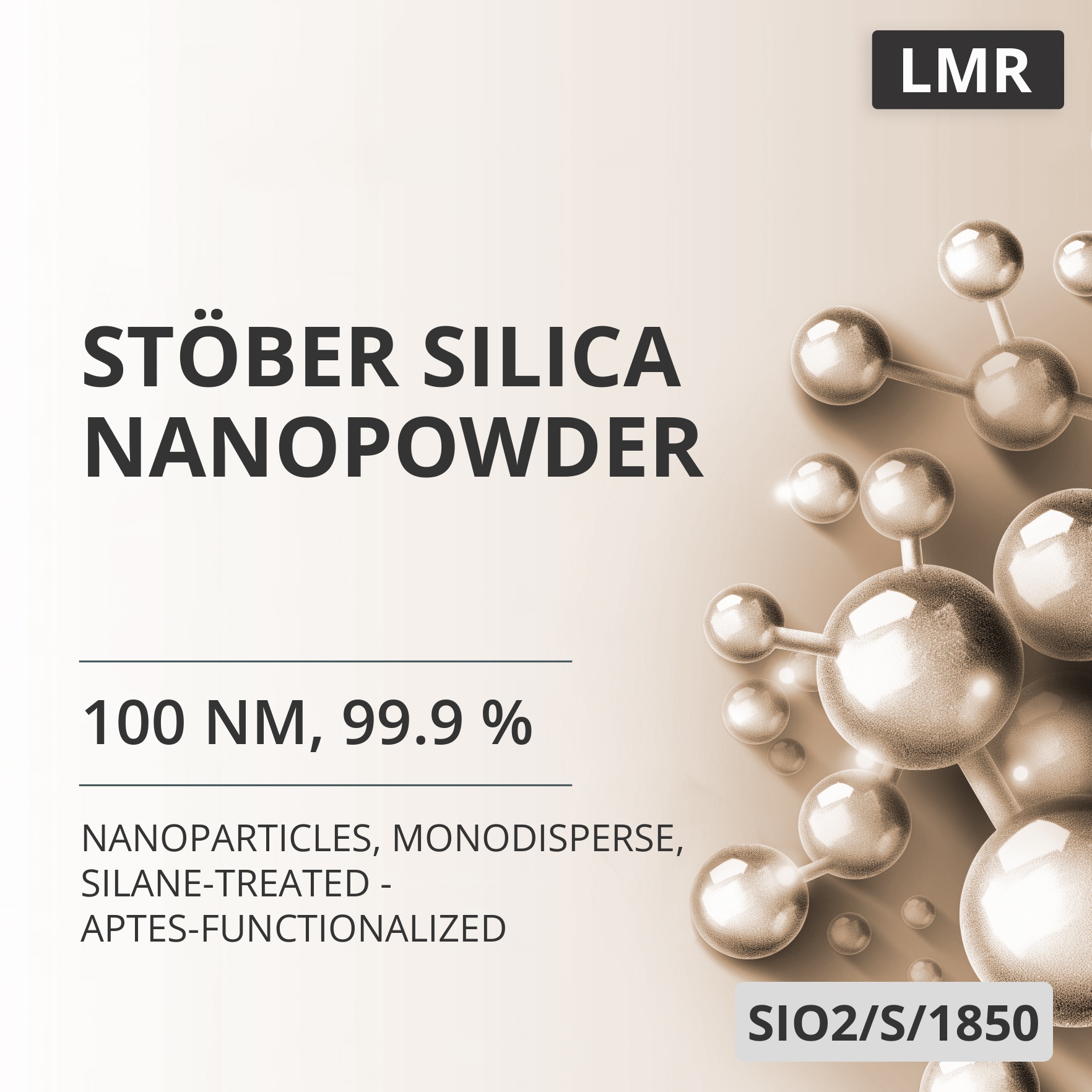 Stöber Silica Nanopowder, 100 nm, 99.9 %, Monodisperse, Silane-Treated - APTES-Functionalized (SIO2/S/1850)